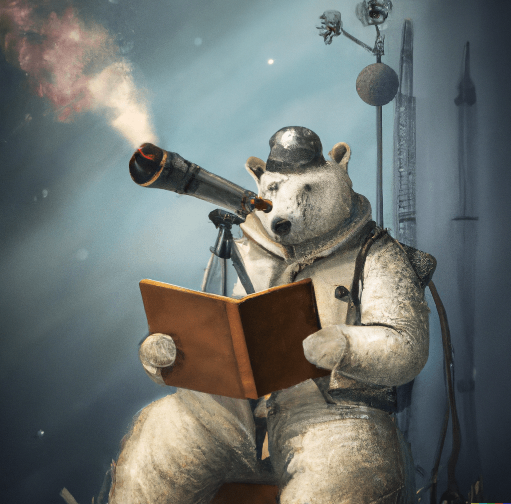 DALL·E 2023-03-27 13.04.23 - A steampunk-style polar bear dressed like an astronaut reads a hefty book while looking into a telescope, cyberpunk poster